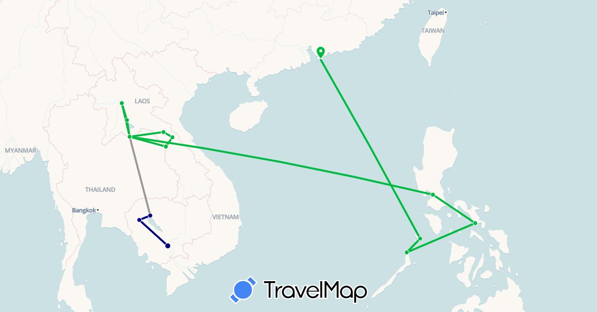TravelMap itinerary: driving, bus, plane in China, Cambodia, Laos, Philippines (Asia)