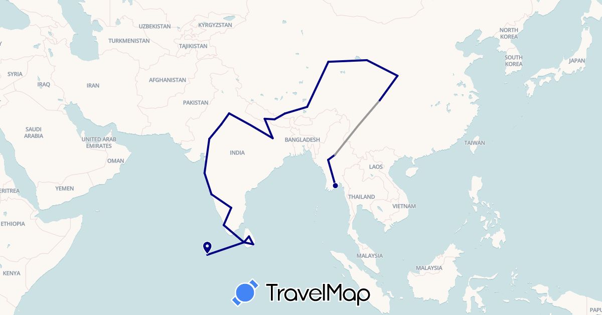 TravelMap itinerary: driving, plane in China, India, Sri Lanka, Myanmar (Burma), Maldives, Nepal (Asia)